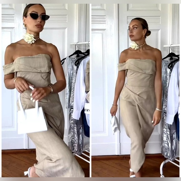 NWT • Zara Asymmetrical Slip MIDI Taupe Dress • XS - Picture 12 of 15